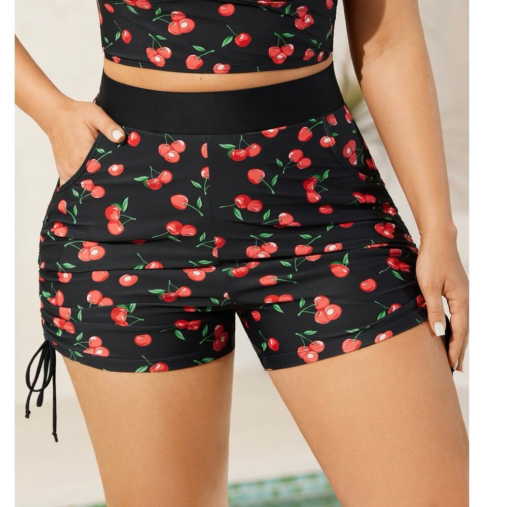 BloomChic Large 12 Cherry Print High Rise Drawstring Swim Bottoms NWT